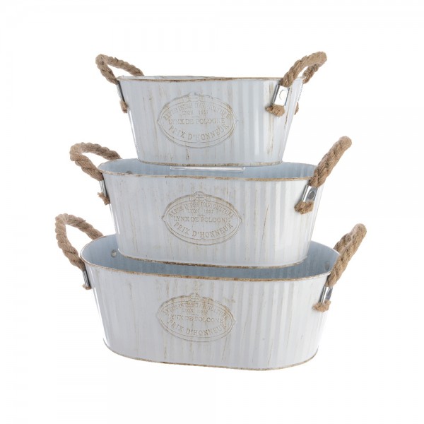 Cubo zinc ovalado con dos asas de cuerda, blanco vintage, 3 uds